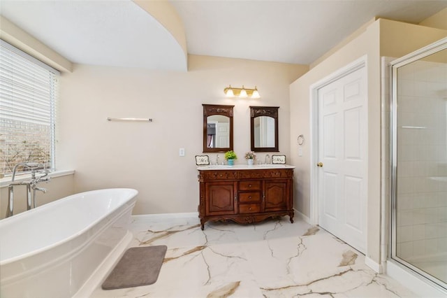 bathroom featuring vanity and shower with separate bathtub