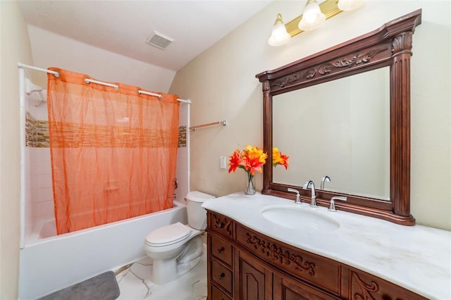 full bathroom featuring vanity, toilet, shower / bathtub combination with curtain, and lofted ceiling