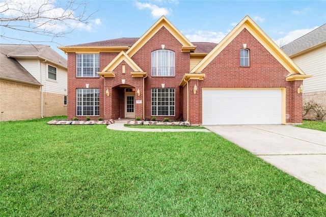 front facade with a garage and a front lawn