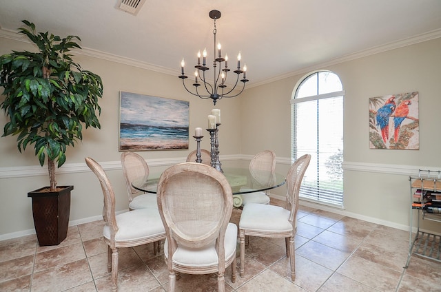 dining space with crown molding, light tile patterned floors, and an inviting chandelier