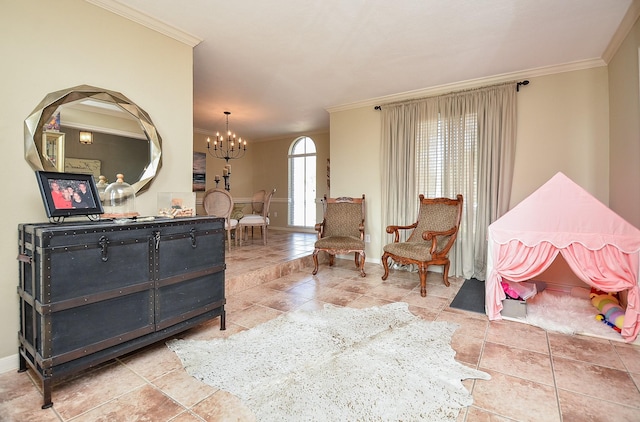 tiled living room with crown molding and an inviting chandelier