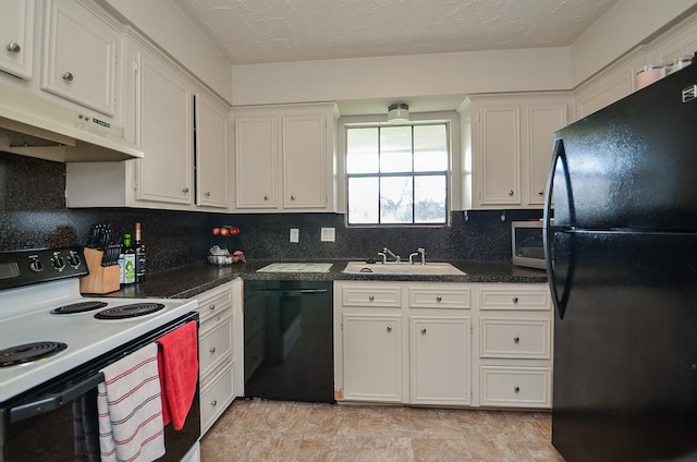 kitchen with tasteful backsplash, sink, white cabinets, and black appliances