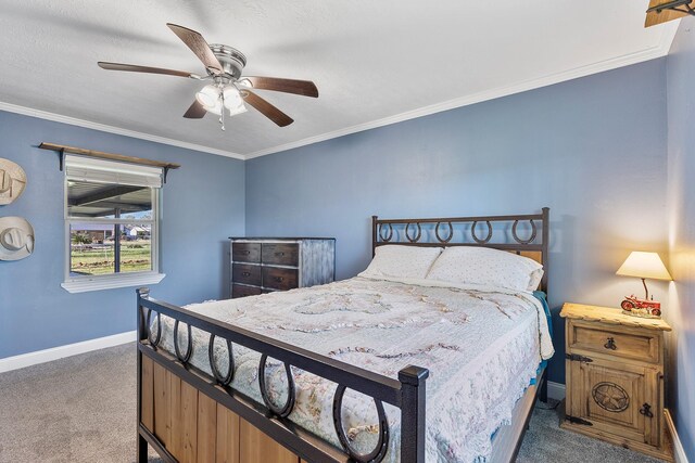 bedroom with dark carpet, ceiling fan, and crown molding