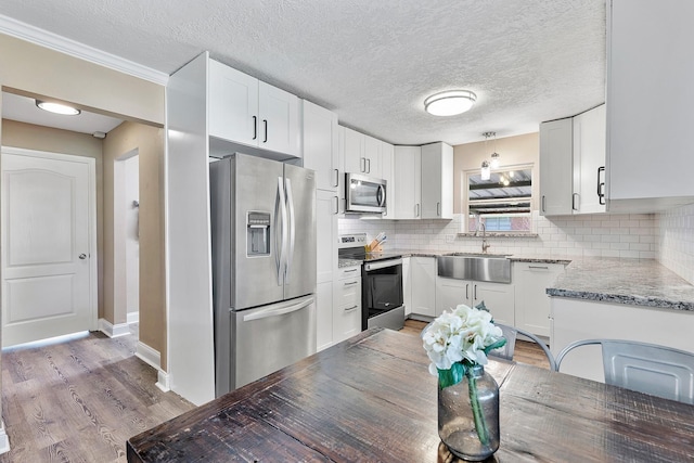 kitchen featuring white cabinets, hanging light fixtures, sink, decorative backsplash, and appliances with stainless steel finishes