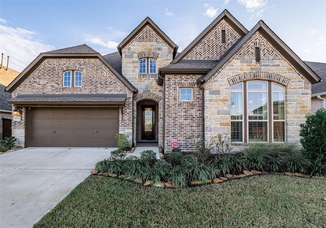 french provincial home featuring a garage and a front yard