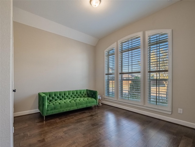 unfurnished room with dark wood-type flooring and lofted ceiling