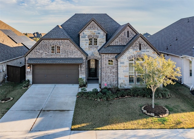 french country style house featuring a front lawn and a garage