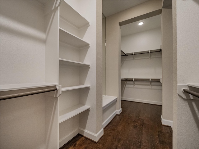 walk in closet with dark wood-type flooring