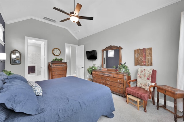 bedroom with light carpet, ensuite bathroom, ornamental molding, vaulted ceiling, and ceiling fan