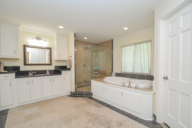 bathroom featuring tile patterned flooring, vanity, crown molding, and independent shower and bath