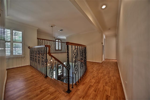 hallway featuring light hardwood / wood-style floors and ornamental molding