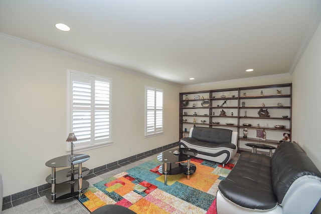 tiled living room with ornamental molding