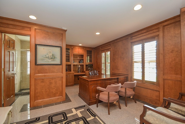 office featuring wood walls