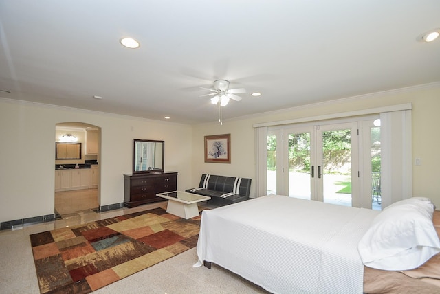 bedroom with access to outside, french doors, crown molding, ceiling fan, and connected bathroom