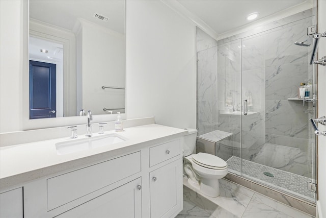 bathroom featuring vanity, toilet, an enclosed shower, and ornamental molding