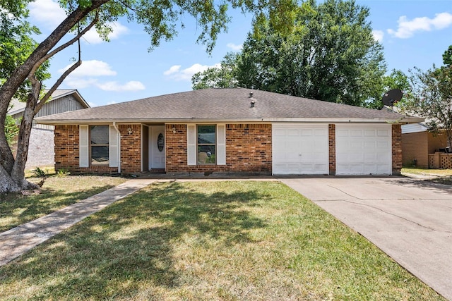 ranch-style house with a garage and a front yard