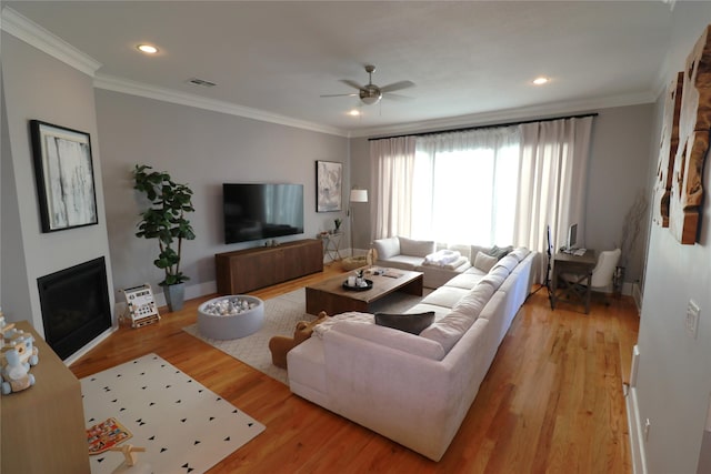 living room with ceiling fan, ornamental molding, and light hardwood / wood-style flooring