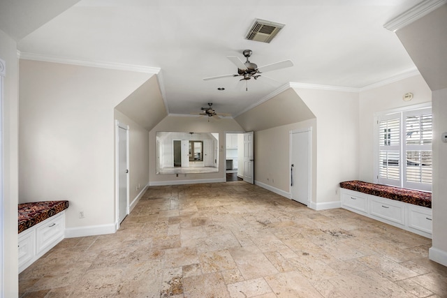 unfurnished living room featuring vaulted ceiling, ceiling fan, and ornamental molding