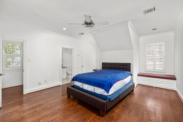 bedroom with ensuite bath, ceiling fan, dark hardwood / wood-style floors, and ornamental molding