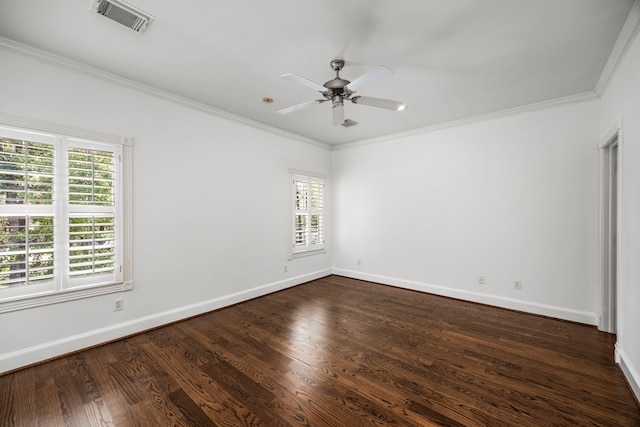 unfurnished room with crown molding, ceiling fan, and dark hardwood / wood-style floors