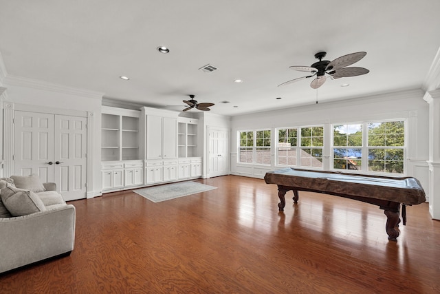 rec room with ceiling fan, crown molding, and billiards