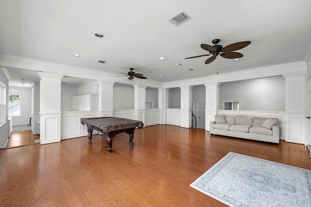 rec room with hardwood / wood-style floors, ceiling fan, crown molding, and billiards