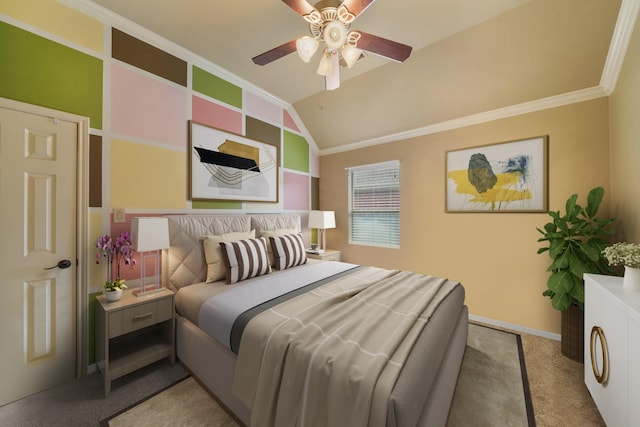 carpeted bedroom with ceiling fan, crown molding, and vaulted ceiling