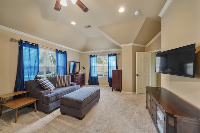 living room featuring ceiling fan, crown molding, lofted ceiling, and light carpet