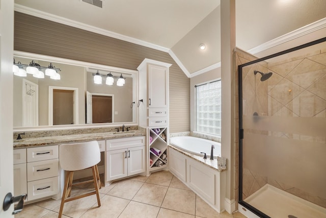 bathroom with vanity, crown molding, plus walk in shower, and lofted ceiling