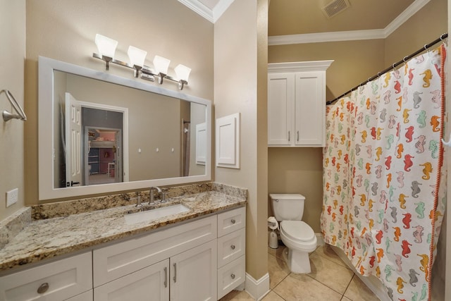 bathroom with crown molding, tile patterned flooring, vanity, and toilet