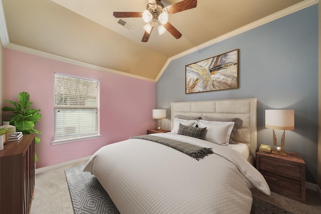 bedroom featuring light carpet, crown molding, ceiling fan, and lofted ceiling