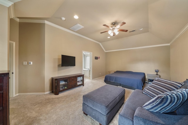 carpeted bedroom featuring ceiling fan, ensuite bath, ornamental molding, and vaulted ceiling