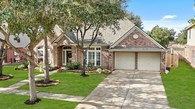 view of front of property featuring a garage and a front lawn