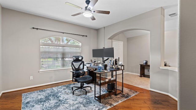 office space with ceiling fan and wood-type flooring