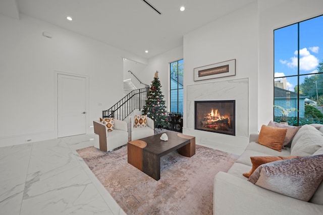 living room with a fireplace