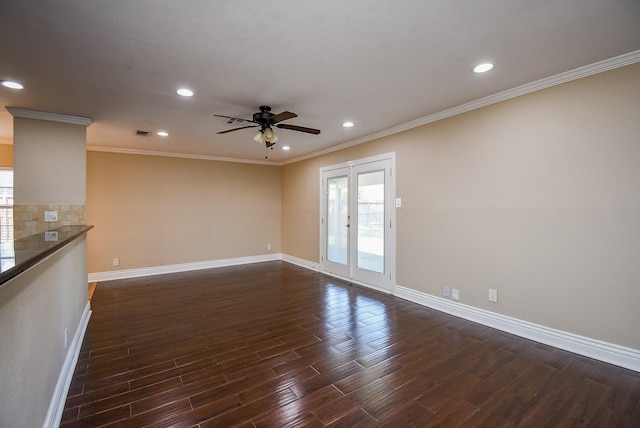 unfurnished living room with french doors, ceiling fan, ornamental molding, and dark hardwood / wood-style flooring