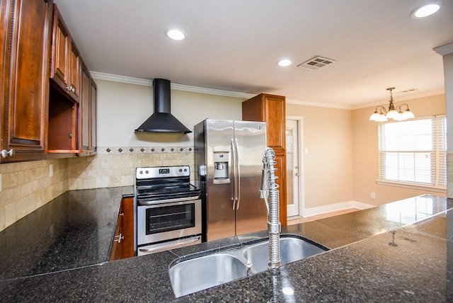 kitchen with appliances with stainless steel finishes, sink, decorative backsplash, ornamental molding, and wall chimney range hood