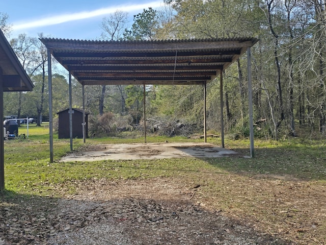 view of property's community featuring a shed