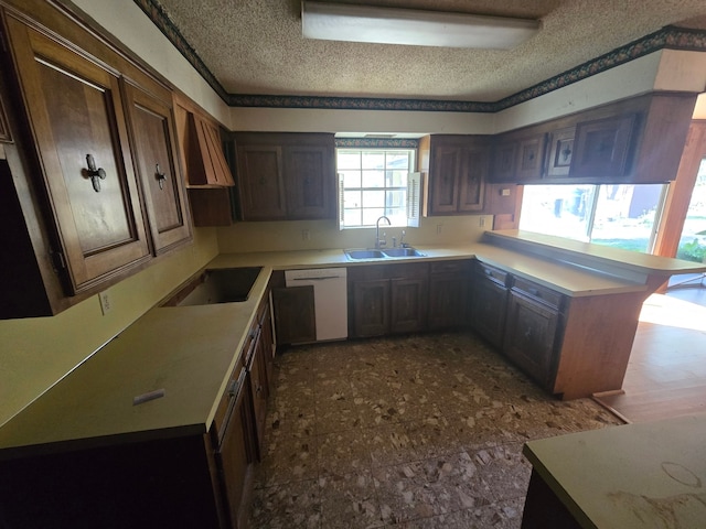 kitchen with kitchen peninsula, cooktop, dark brown cabinets, sink, and dishwasher