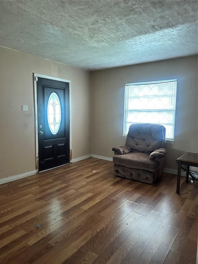 foyer with a textured ceiling and dark hardwood / wood-style flooring