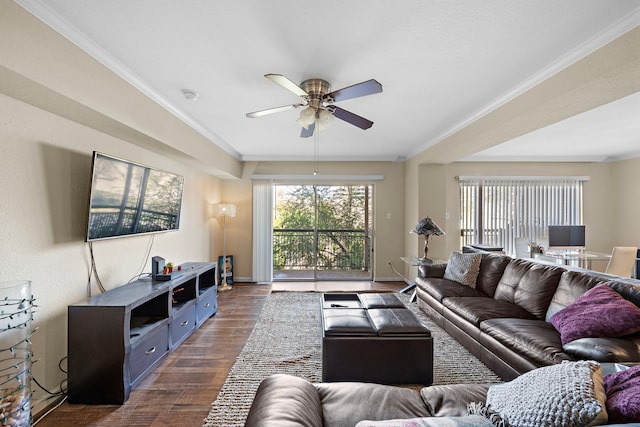 living room with dark hardwood / wood-style flooring, ceiling fan, and crown molding