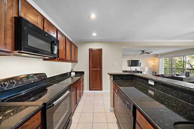 kitchen featuring dark stone counters, a textured ceiling, ceiling fan, black appliances, and light tile patterned floors