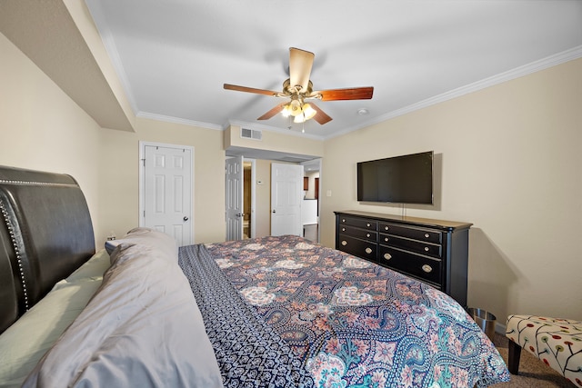 bedroom with ceiling fan and ornamental molding