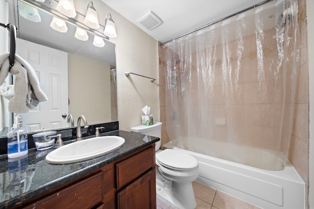 full bathroom featuring tile patterned flooring, vanity, toilet, and shower / bathtub combination with curtain