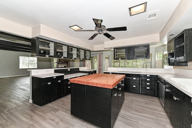 kitchen featuring wood counters, appliances with stainless steel finishes, light wood-type flooring, ceiling fan, and a kitchen island