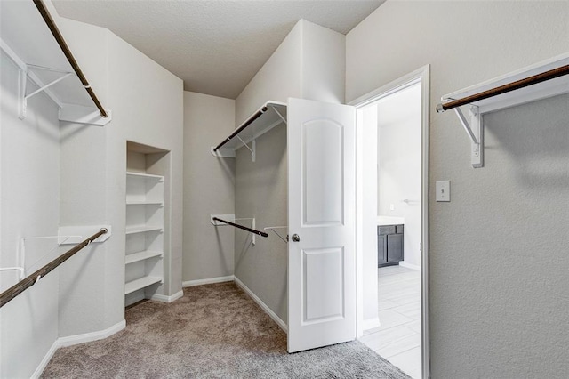 walk in closet with light carpet