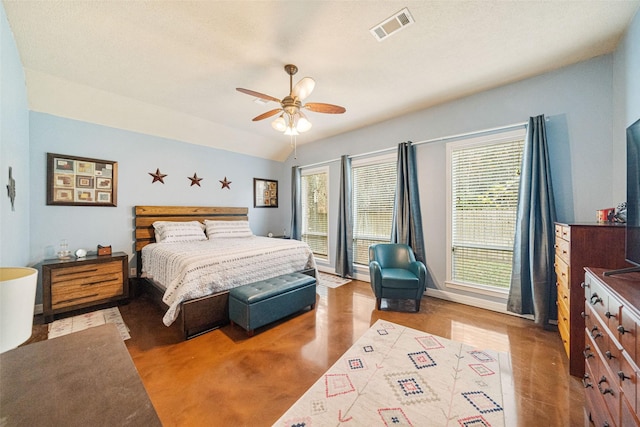 bedroom with ceiling fan and lofted ceiling