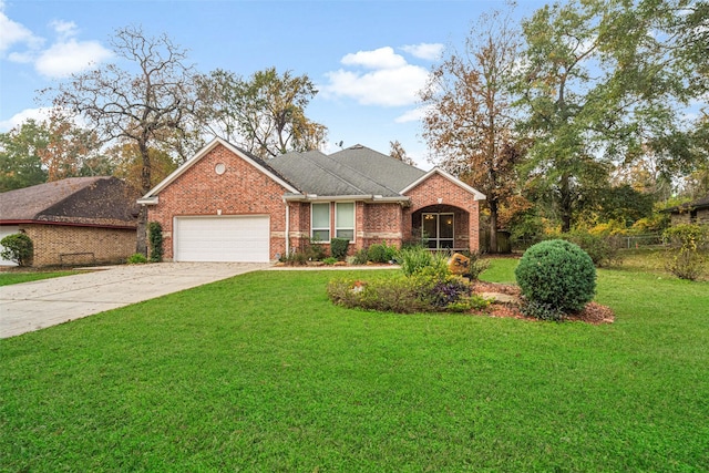 view of front of property with a front lawn and a garage