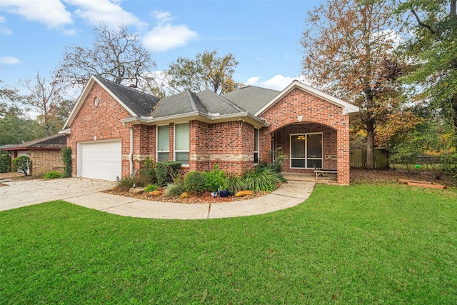 view of front of property with a front lawn and a garage