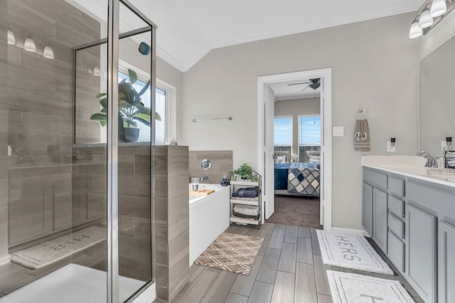 bathroom with a wealth of natural light, vanity, shower with separate bathtub, and ornamental molding